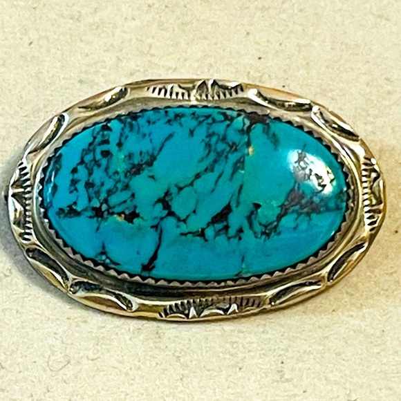VTG Old Navajo Sterling Silver and Turquoise Stone  Pin BROOCH Signed HT - Picture 1 of 9